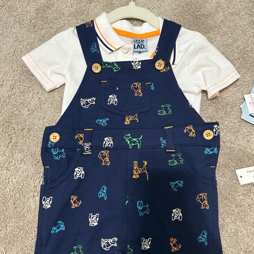 Little Lad Navy Overall Outfit with dog print- size 9mos